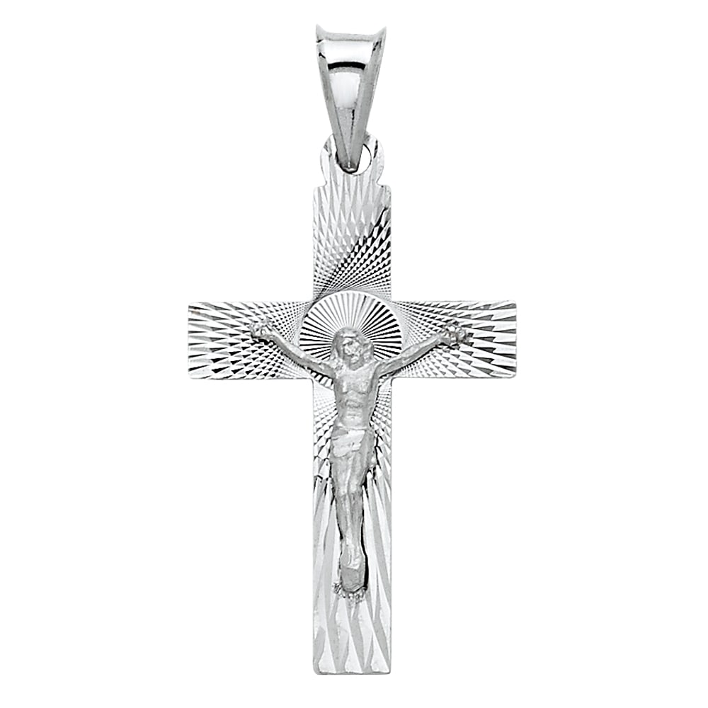 14KW CRUCUFIX STAMP PENDANT: 14KW Crucufix Stamp Pendant Type: Pendant Material Type: 14k Gold Material Color: White Avg. Weight: 0.71 Gr. Size: Height : 27 mm,Width : 18 mm Accessories: None Notice: When purchasing p