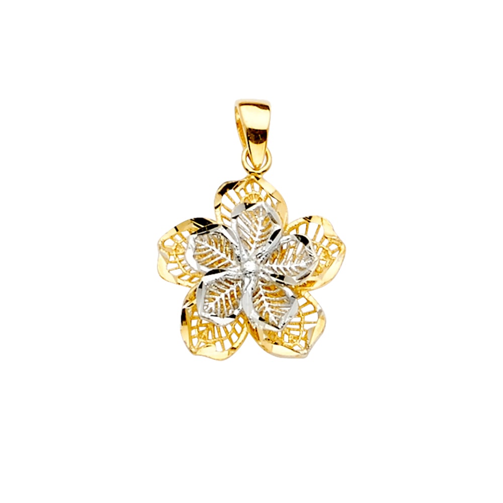 14K 2T FILIGREE FLOWER PENDANT: 14K 2T Filigree Flower Pendant Type: Pendant Material Type: 14k Gold Material Color: Two Tone Avg. Weight: 1.24 Gr. Size: Height : 20 mm,Width : 16 mm Accessories: None Notice: When purcha