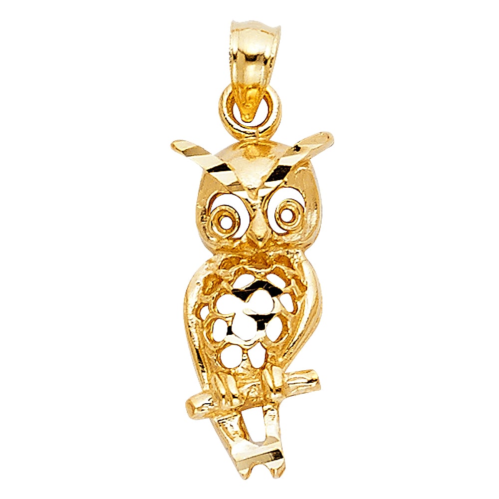 14KY OWL PENDANT: 14KY Owl Pendant Type: Pendant Material Type: 14k Gold Material Color: Yellow Avg. Weight: 1.42 Gr. Size: Height : 20 mm Width : 9 mm Accessories: None Notice: When purchasing pre-owned goods, please