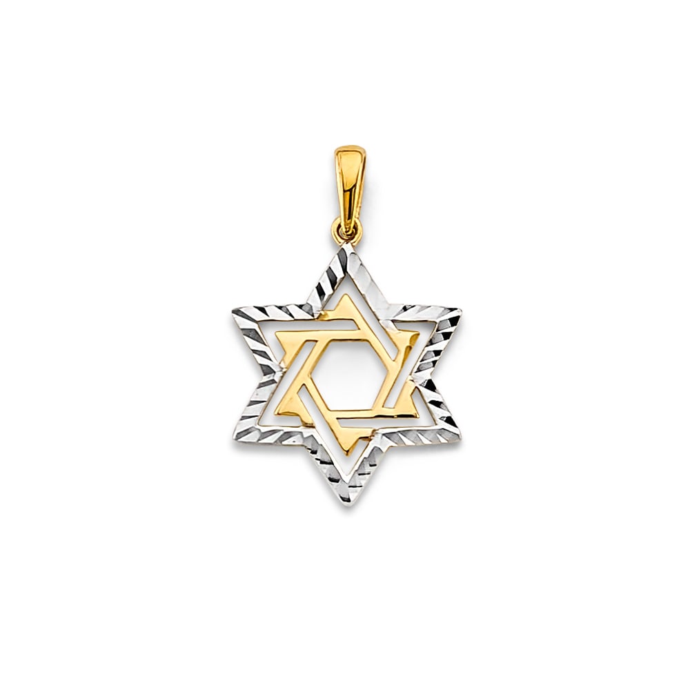 14K 2T STAR OF DAVID PENDANT: 14K 2T Star of David Pendant Type: Pendant Material Type: 14k Gold Material Color: Two Tone Avg. Weight: 0.72 Gr. Size: Height : 20 mm, Width : 15 mm Accessories: None Notice: When purchasing