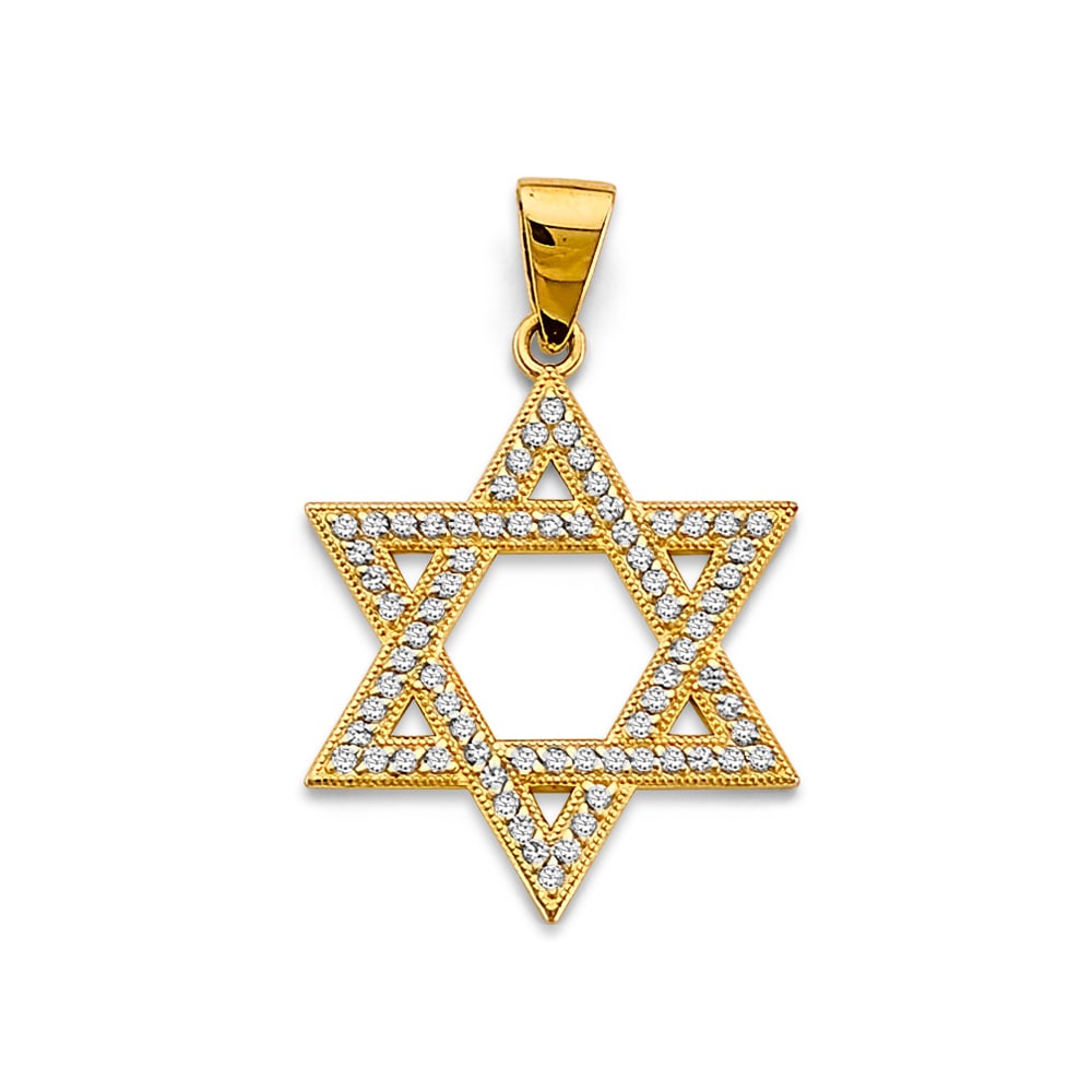 14KY CZ STAR OF DAVID PENDANT: 14KY CZ Star of David Pendant Type: Pendant Material Type: 14k Gold Material Color: Yellow Avg. Weight: 1.59 Gr. Size: Height : 30 mm, Width : 20 mm Accessories: None Notice: When purchasing