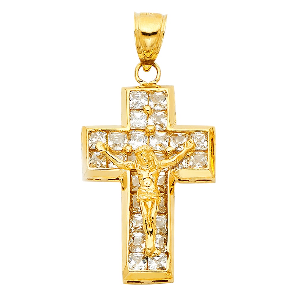 14KY CZ CRUCUFIX PENDANT: 14KY CZ Crucufix Pendant Type: Pendant Material Type: 14k Gold Material Color: Yellow Avg. Weight: 5.32 Gr. Size: Height : 31 mm Width : 20 mm Accessories: None Notice: When purchasing pre-owned