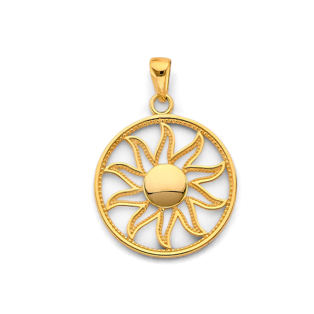 14KY ROUND SUN PENDANT: 14KY Round Sun Pendant Type: Pendant Material Type: 14k Gold Material Color: Yellow Avg. Weight: 1.09 Gr. Size: Height : 25 mm, Width : 20 mm Accessories: None Notice: When purchasing pre-