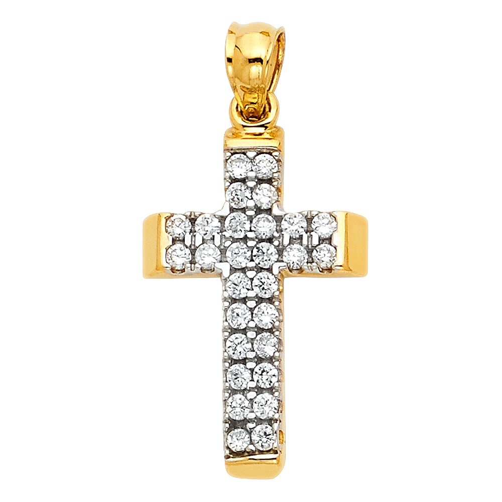 14K 2T CZ CROSS PENDANT: 14K 2T CZ Cross Pendant Type: Pendant Material Type: 14k Gold Material Color: Two Tone Avg. Weight: 1.39 Gr. Size: Height : 19 mm,Width : 13 mm Accessories: None Notice: When purchasing pr