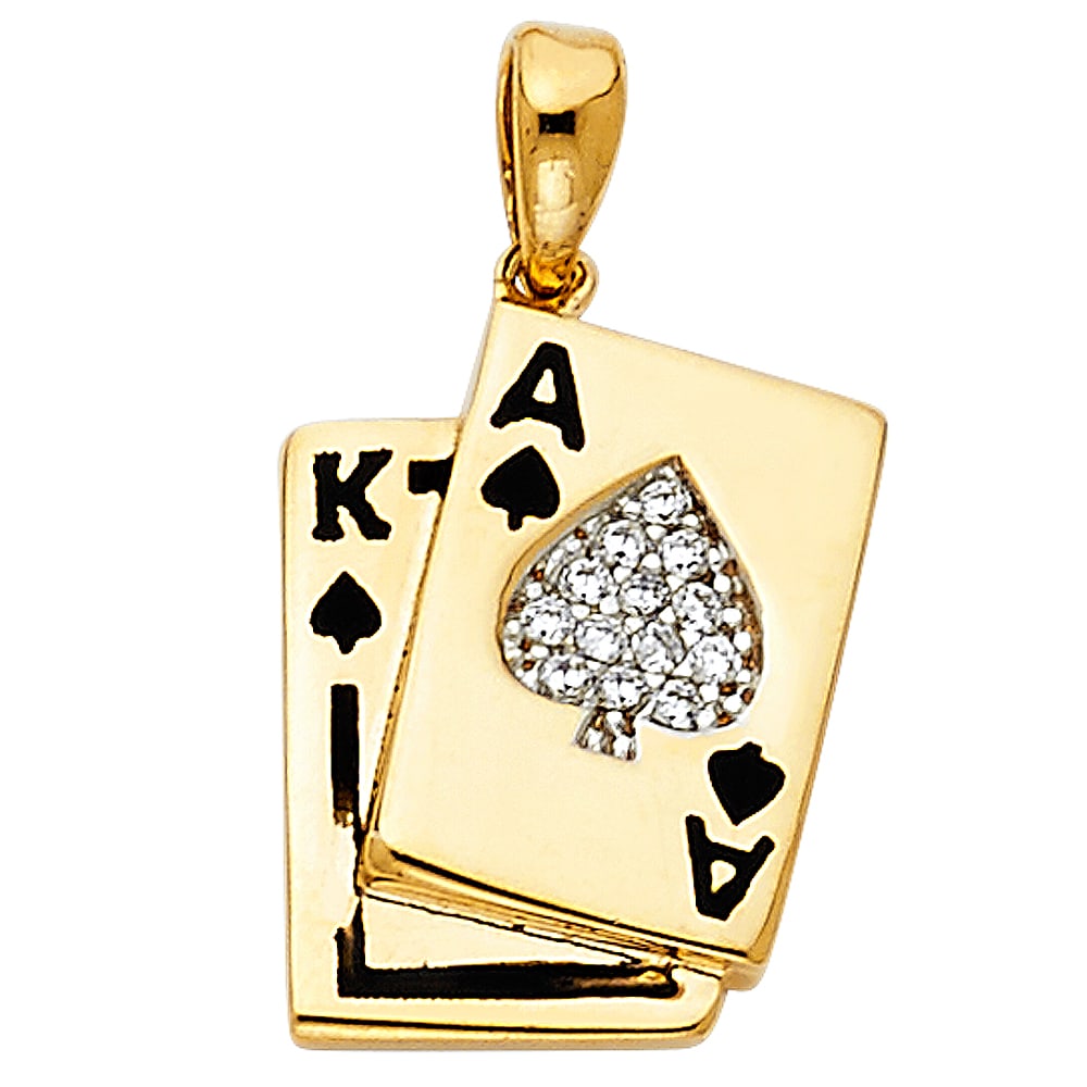14KY CZ SPADE A & K CARD PENDANT: 14KY CZ Spade A & K Card Pendant Type: Pendant Material Type: 14k Gold Material Color: Yellow Avg. Weight: 2.26 Gr. Size: Height : 15 mm,Width : 13 mm Accessories: None Notice: When purcha
