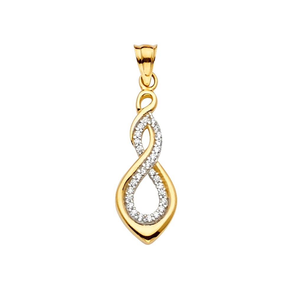 14KY CZ INFINITY PENDANT: 14KY CZ Infinity Pendant Type: Pendant Material Type: 14k Gold Material Color: Yellow Avg. Weight: 1.32 Gr. Size: Height : 28 mm,Width : 9 mm Accessories: None Notice: When purchasing pre-