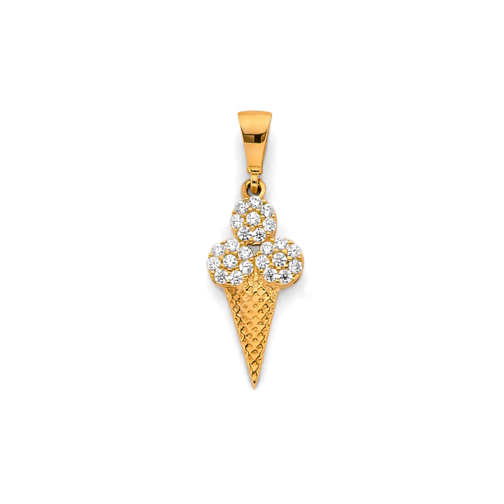 14KY CZ ICE CREAM PENDANT: 14KY CZ Ice Cream Pendant Type: Pendant Material Type: 14k Gold Material Color: Yellow Avg. Weight: 0.8 Gr. Size: Height : 20 mm, Width : 8 mm Accessories: None Notice: When purchasing pre