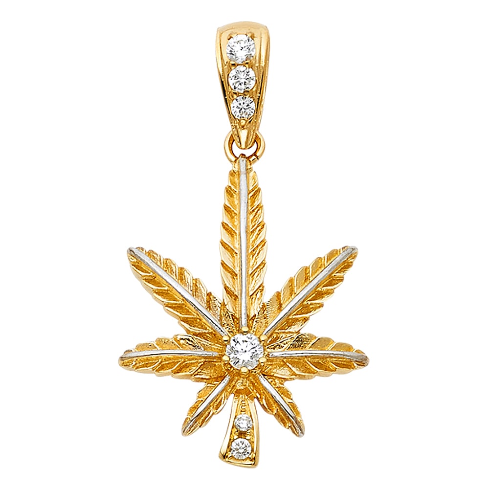 14KY CZ MARIJUANA LEAF PENDANT: 14KY CZ Marijuana Leaf Pendant Type: Pendant Material Type: 14k Gold Material Color: Yellow Avg. Weight: 4.82 Gr. Size: Height : 30 mm Width : 24 mm Accessories: None Notice: When purchasi