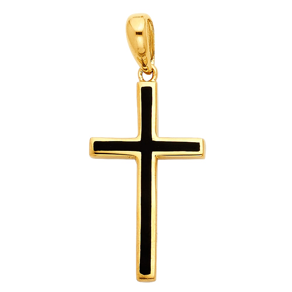 14KY CROSS WITH BLACK ENAMEL PENDANT: 14KY Cross with Black Enamel Pendant Type: Pendant Material Type: 14k Gold Material Color: Yellow Avg. Weight: 1.34 Gr. Size: Height : 23 mm,Width : 13 mm Accessories: None Notice: When pu