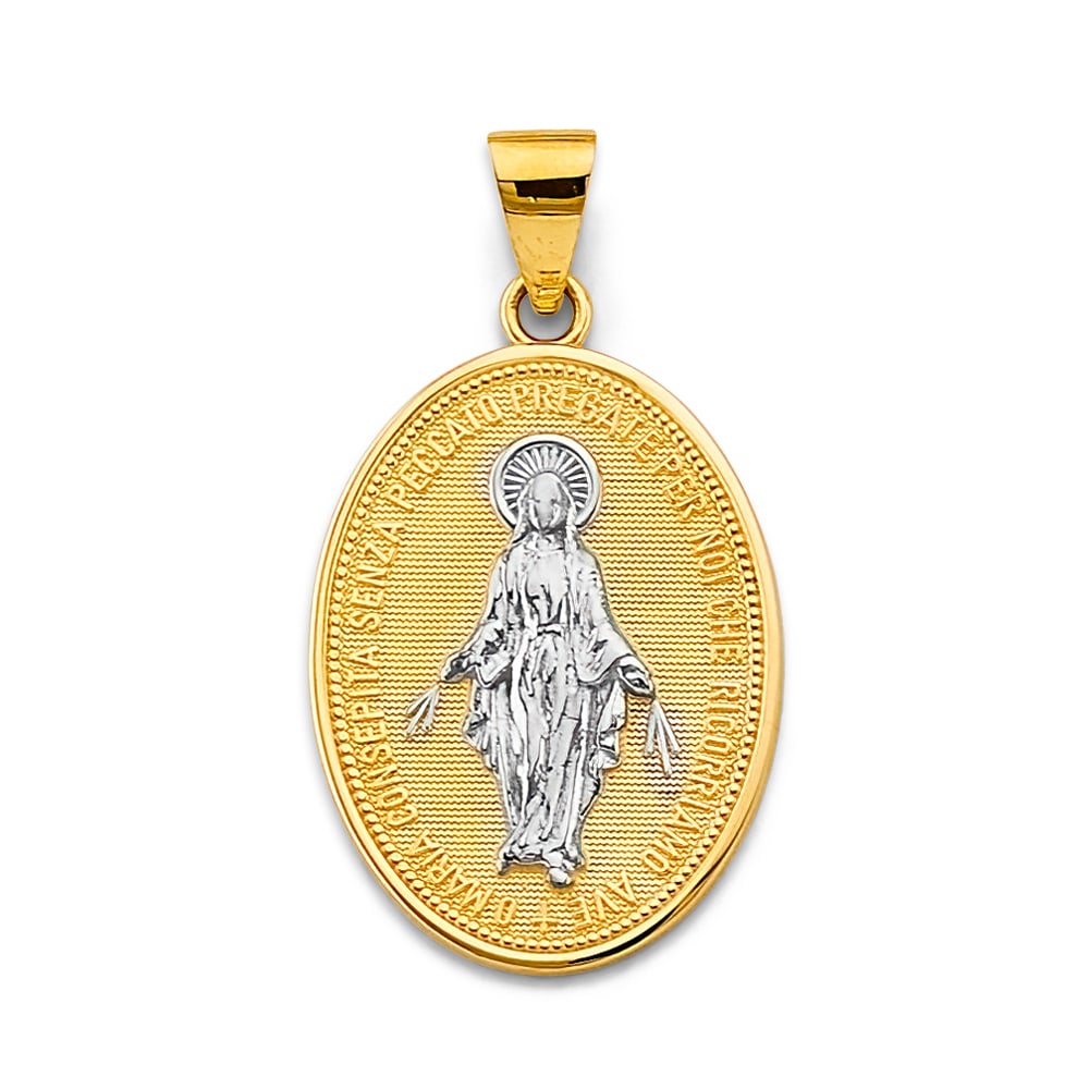 14K 2T VIRGIN MARY MEDAL: 14K 2T Virgin Mary Medal Type: Pendant Material Type: 14k Gold Material Color: Two Tone Avg. Weight: 2.79 Gr. Size: Height : 32 mm, Width : 18 mm Accessories: None Notice: When purchasing