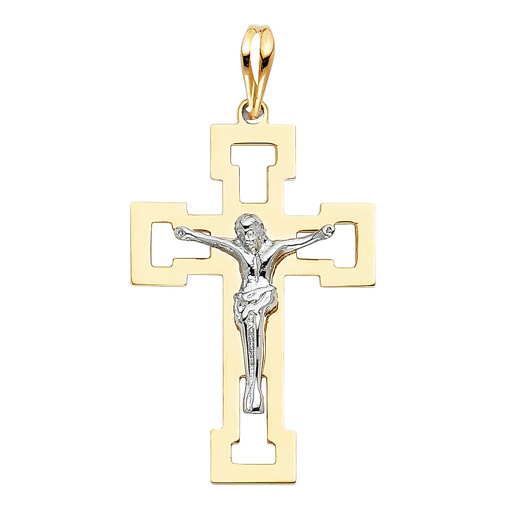 14K 2T CRUCUFIX PENDANT: 14K 2T Crucufix Pendant Type: Pendant Material Type: 14k Gold Material Color: two Tone Avg. Weight: 2.36 Gr. Size: Height : 30 mm, Width : 21 mm Accessories: None Notice: When purchasing p