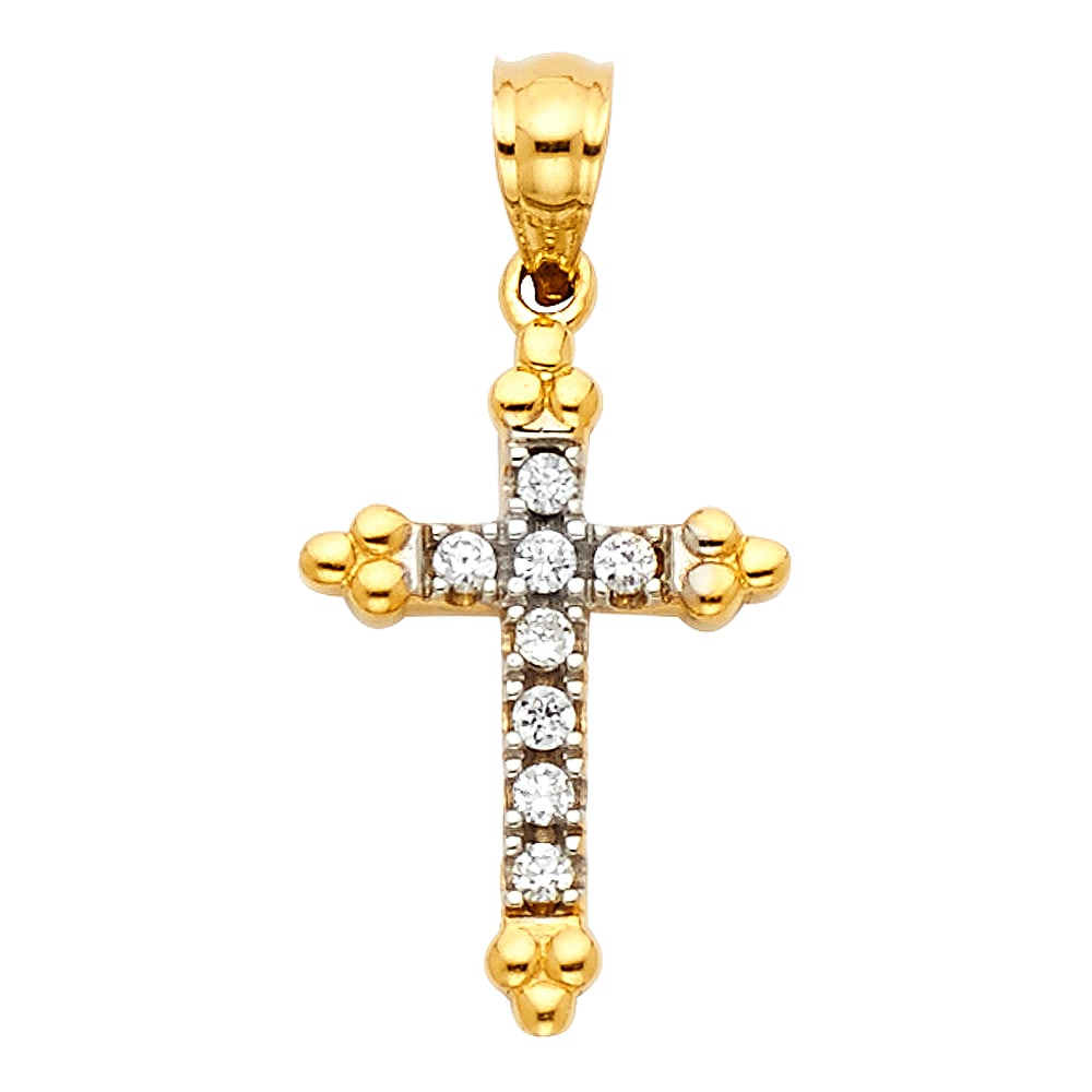 14K 2T CZ CROSS PENDANT: 14K 2T CZ Cross Pendant Type: Pendant Material Type: 14k Gold Material Color: Two Tone Avg. Weight: 0.92 Gr. Size: Height : 16 mm,Width : 11 mm Accessories: None Notice: When purchasing pr