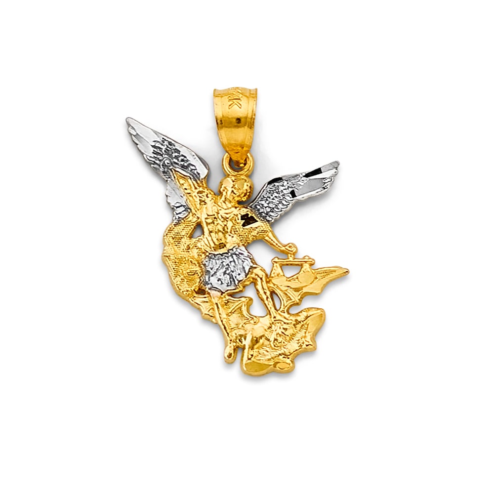14K 2T SAINT MICHAEL PENDANT: 14K 2T Saint Michael Pendant Type: Pendant Material Type: 14k Gold Material Color: Two Tone Avg. Weight: 1.4 Gr. Size: Height : 25 mm, Width : 20 mm Accessories: None Notice: When purchasi
