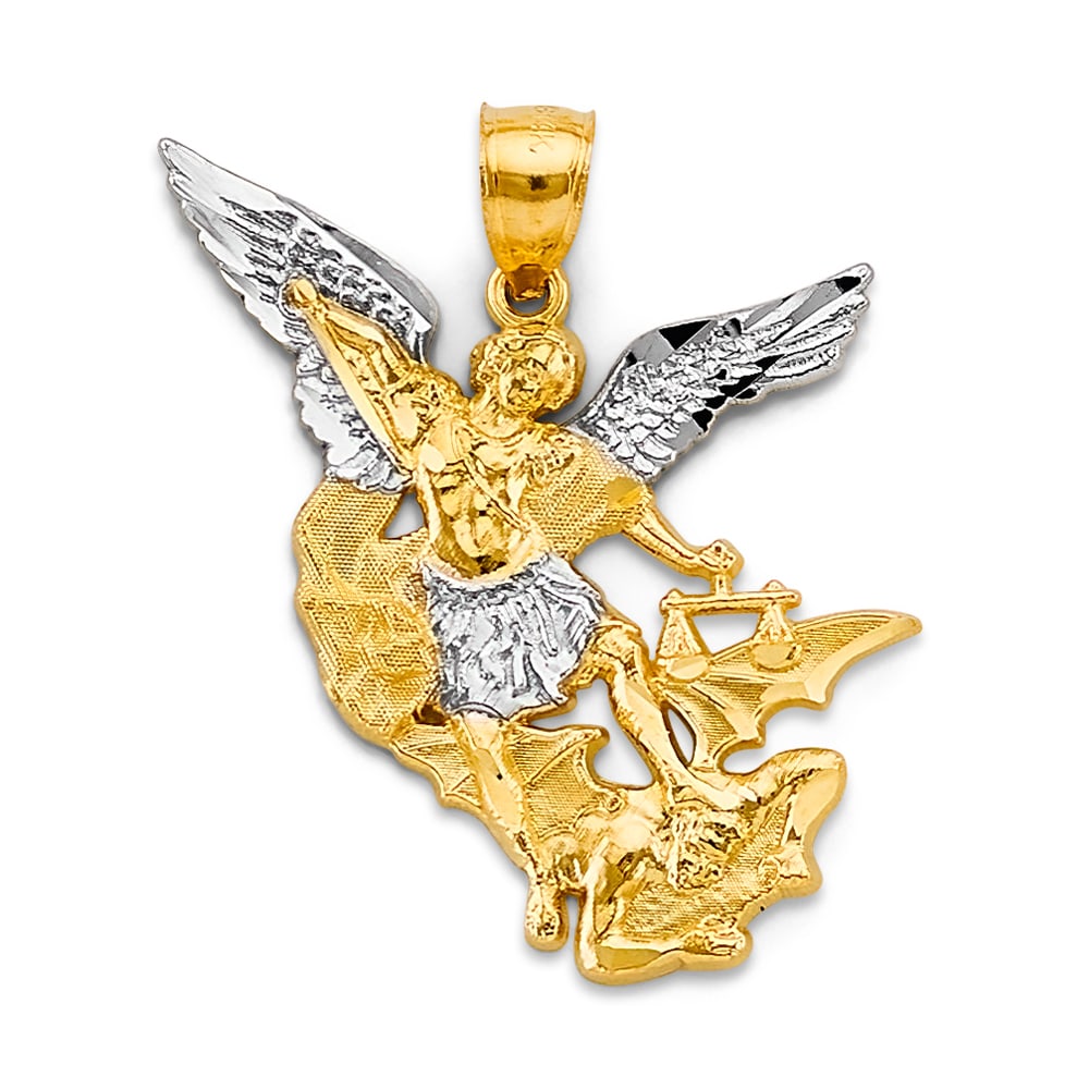 14K 2T SAINT MICHAEL PENDANT: 14K 2T Saint Michael Pendant Type: Pendant Material Type: 14k Gold Material Color: Two Tone Avg. Weight: 3.01 Gr. Size: Height : 35 mm, Width : 25 mm Accessories: None Notice: When purchas