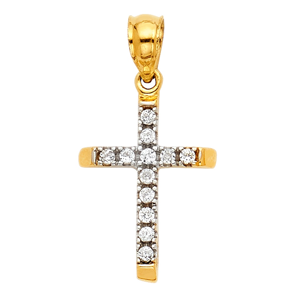 14K 2T CZ CROSS PENDANT: 14K 2T CZ Cross Pendant Type: Pendant Material Type: 14k Gold Material Color: Two Tone Avg. Weight: 0.73 Gr. Size: Height : 16 mm,Width : 11 mm Accessories: None Notice: When purchasing pr