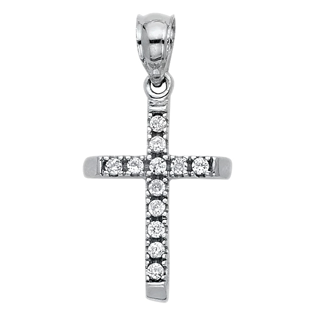 14KW CZ CROSS PENDANT: 14KW CZ Cross Pendant Type: Pendant Material Type: 14k Gold Material Color: White Avg. Weight: 0.75 Gr. Size: Height : 16 mm,Width : 11 mm Accessories: None Notice: When purchasing pre-own