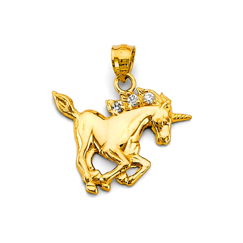 14KY UNICORN PENDANT: 14KY Unicorn Pendant Type: Pendant Material Type: 14k Gold Material Color: Yellow Avg. Weight: 2.57 Gr. Size: Height : 25 mm, Width : 25 mm Accessories: None Notice: When purchasing pre-ow