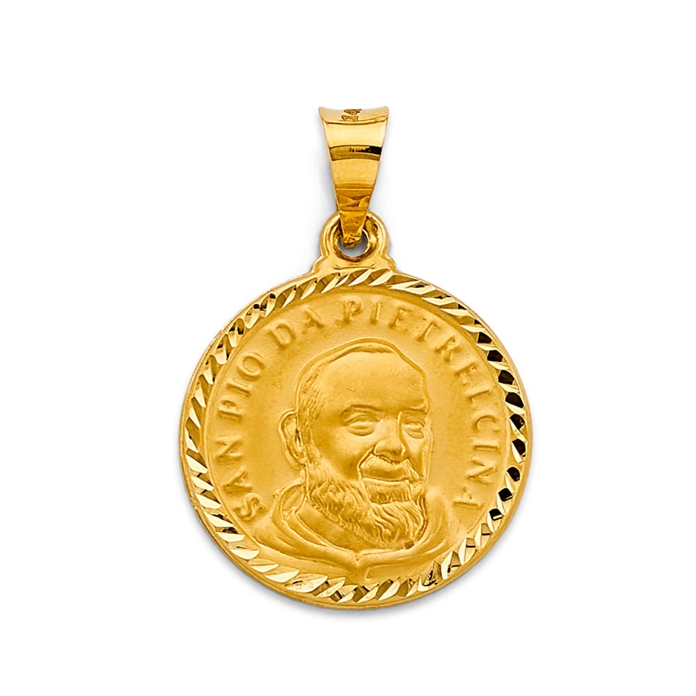 14KY PADRE PIO PENDANT: 14KY Padre Pio Pendant Type: Pendant Material Type: 14k Gold Material Color: Yellow Avg. Weight: 2.36 Gr. Size: Height : 30 mm, Width : 20 mm Accessories: None Notice: When purchasing pre-