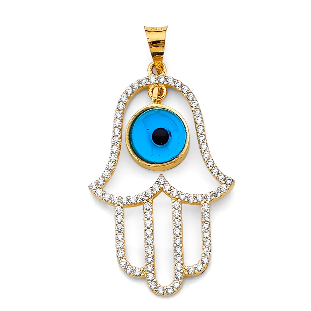 14K 2T CZ HAMSA HAND WITH EVIL EYE PENDANT: 14K 2T CZ Hamsa Hand with Evil Eye Pendant Type: Pendant Material Type: 14k Gold Material Color: Two Tone Avg. Weight: 2.45 Gr. Size: Height : 35 mm, Width : 20 mm Accessories: None Notice