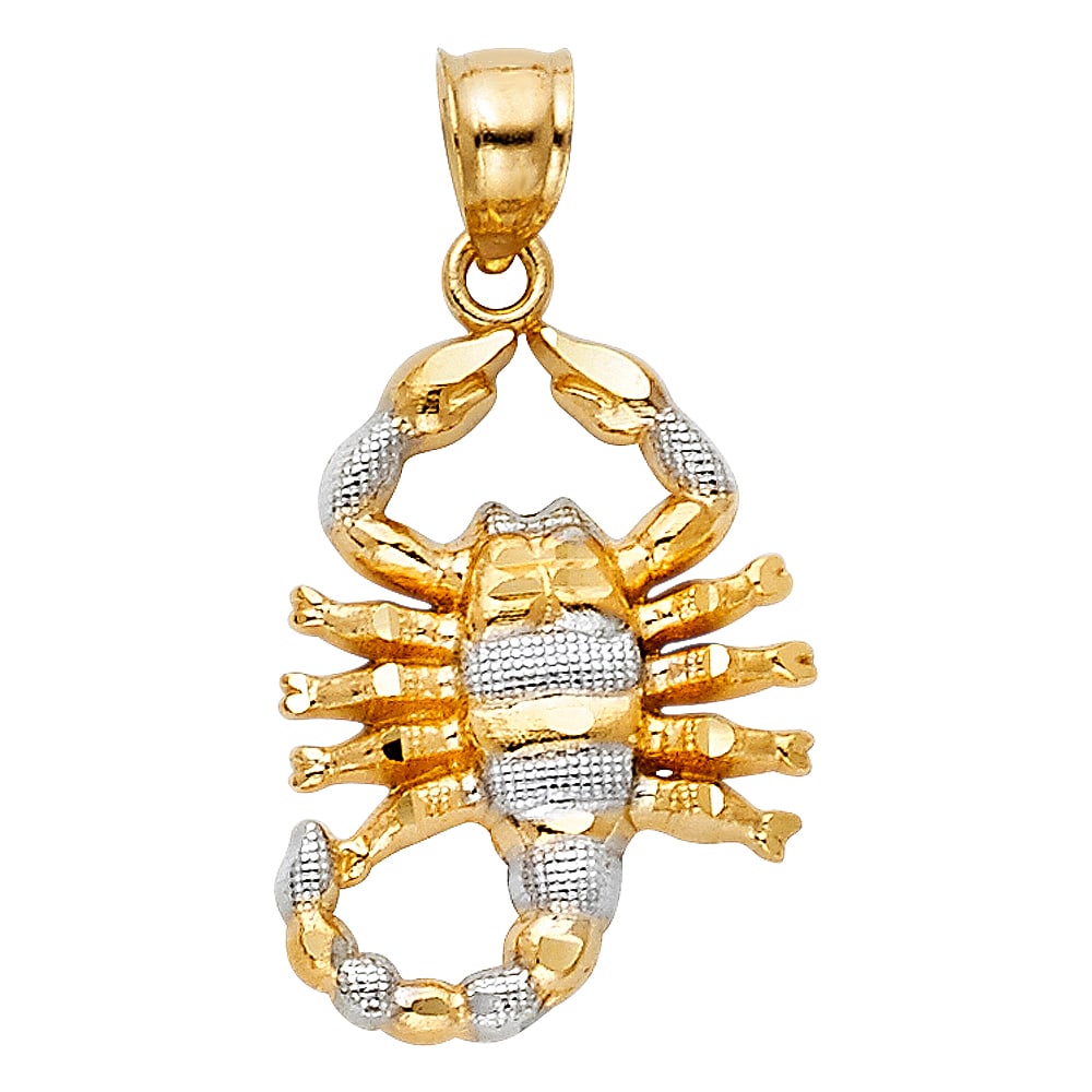 14K 2T SCORPION PENDANT: 14K 2T Scorpion Pendant Type: Pendant Material Type: 14k Gold Material Color: Two Tone Avg. Weight: 1.76 Gr. Size: Height : 21 mm,Width : 15 mm Accessories: None Notice: When purchasing pre-owned