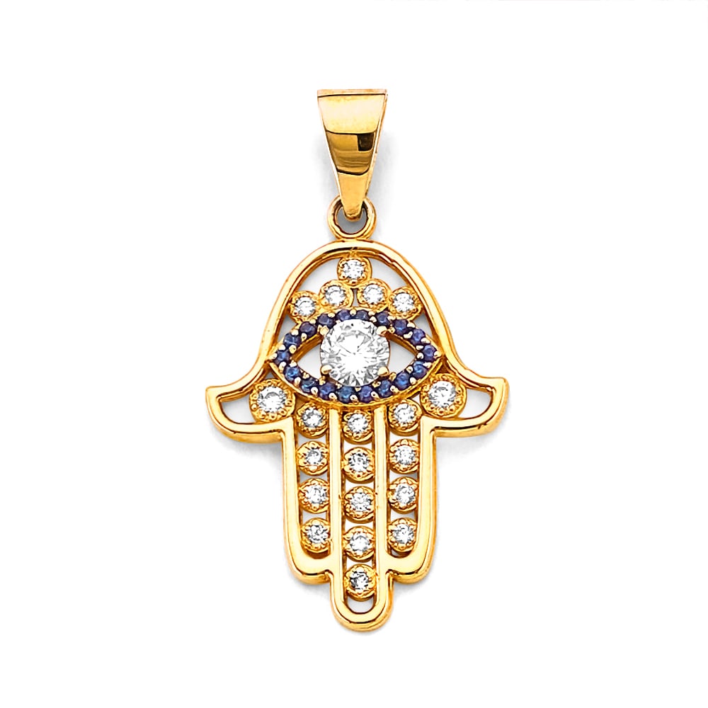 14KY CZ HAMSA HAND WITH EVIL EYE PENDANT: 14KY CZ Hamsa Hand with Evil Eye Pendant Type: Pendant Material Type: 14k Gold Material Color: Yellow Avg. Weight: 1.98 Gr. Size: Height : 30 mm, Width : 15 mm Accessories: None Notice: When
