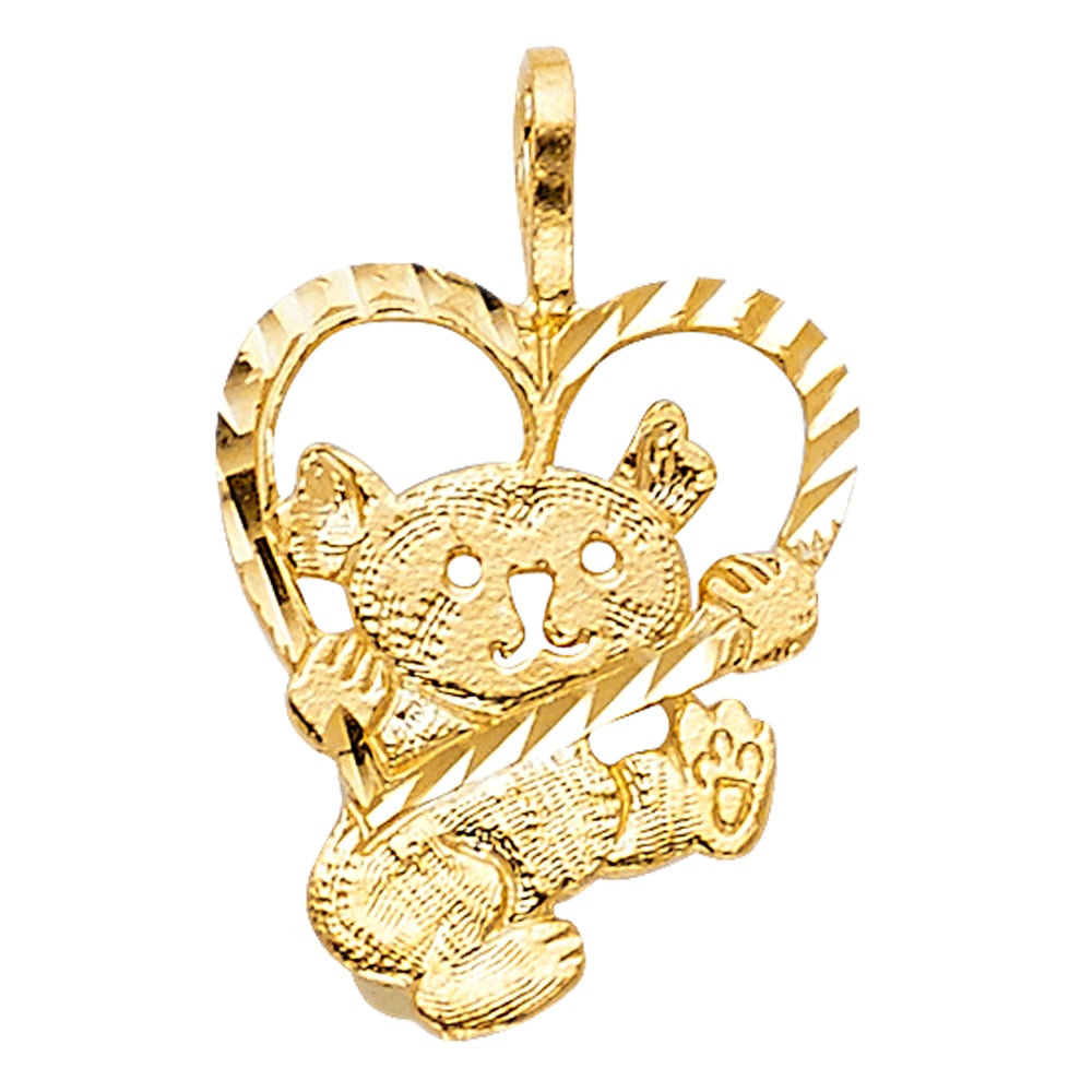 14KY BABY BEAR WITH HEART PENDANT: 14KY Baby Bear with Heart Pendant Type: Pendant Material Type: 14k Gold Material Color: Yellow Avg. Weight: 0.79 Gr. Size: Height : 16 mm Width : 14 mm Accessories: None Notice: When purchasing