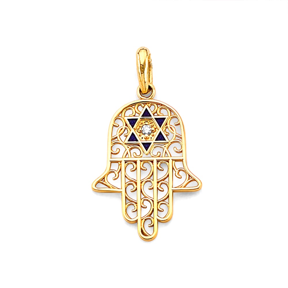 14KY ENAMEL HAMSA HAND PENDANT: 14KY Enamel Hamsa Hand Pendant Type: Pendant Material Type: 14k Gold Material Color: Yellow Avg. Weight: 1.54 Gr. Size: Height : 25 mm, Width : 15 mm Accessories: None Notice: When purchasing