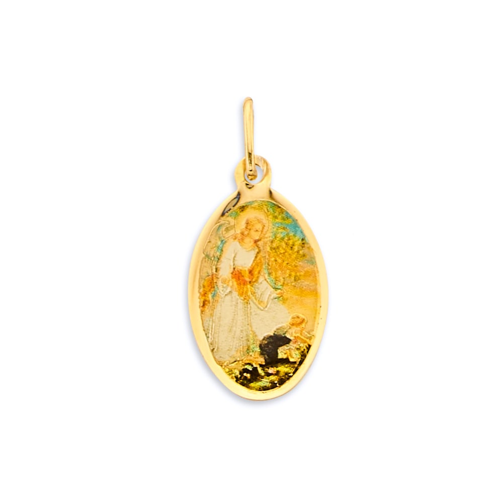 14KY GUARDIAN ANGEL PICTURE PENDANT: 14KY Guardian Angel Picture Pendant Type: Pendant Material Type: 14k Gold Material Color: Yellow Avg. Weight: 0.7 Gr. Size: Height : 25 mm, Width : 12 mm Accessories: None Notice: When purchasing