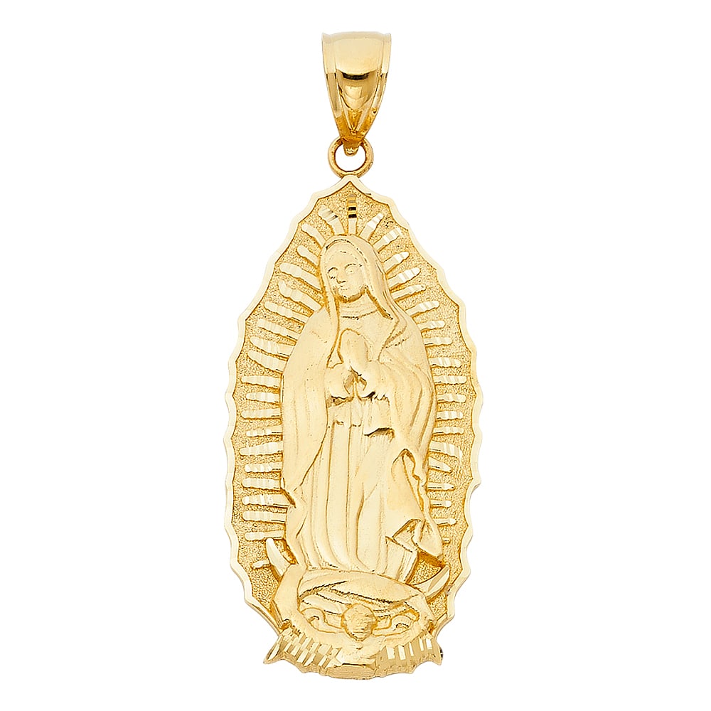 14KY OUR LADY OF GUADALUPE PENDANT: 14KY Our Lady of Guadalupe Pendant Type: Pendant Material Type: 14k Gold Material Color: Yellow Avg. Weight: 6.61 Gr. Size: Height : 50 mm,Width : 25 mm Accessories: None Notice: When purchasing