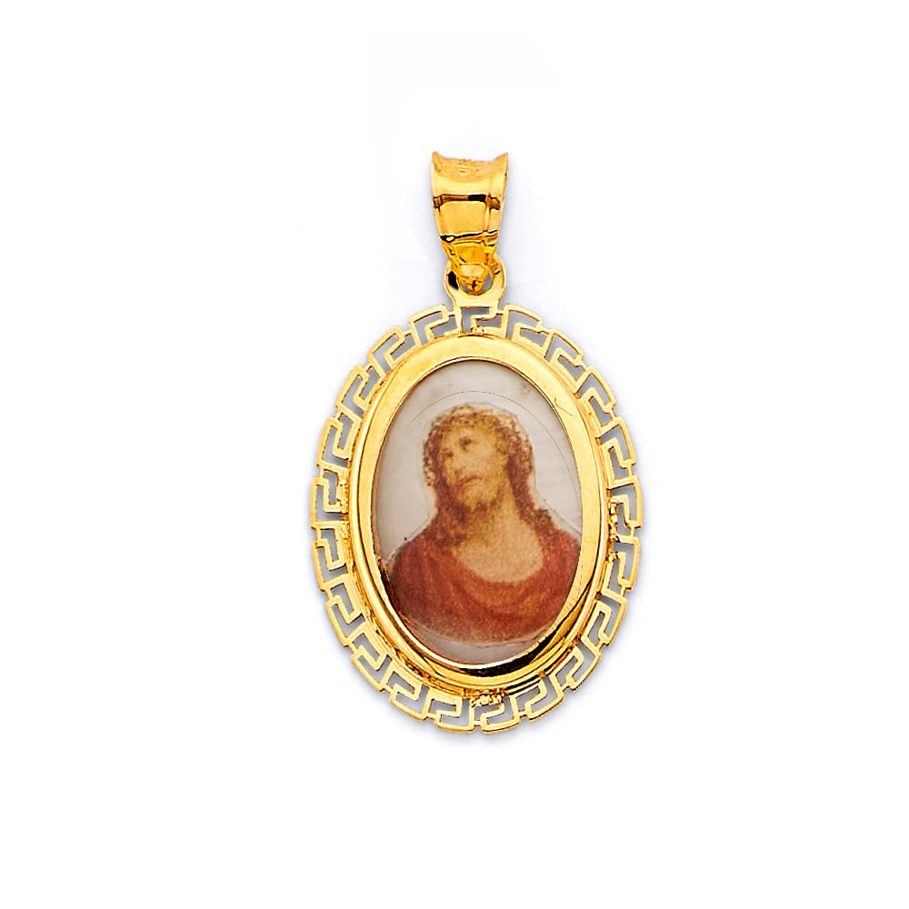14KY JESUS PICTURE PENDANT: 14KY Jesus Picture Pendant Type: Pendant Material Type: 14k Gold Material Color: Yellow Avg. Weight: 1.34 Gr. Size: Height : 25 mm, Width : 15 mm Accessories: None Notice: When purchasing pre-owned