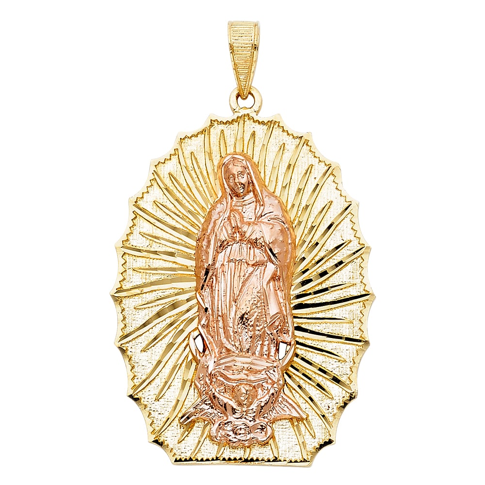 14K 2T OUR LADY OF GUADALUPE PENDANT: 14K 2T Our Lady of Guadalupe Pendant Type: Pendant Material Type: 14k Gold Material Color: Two Tone Avg. Weight: 10.1 Gr. Size: Height : 44 mm,Width : 32 mm Accessories: None Notice: When purchasing