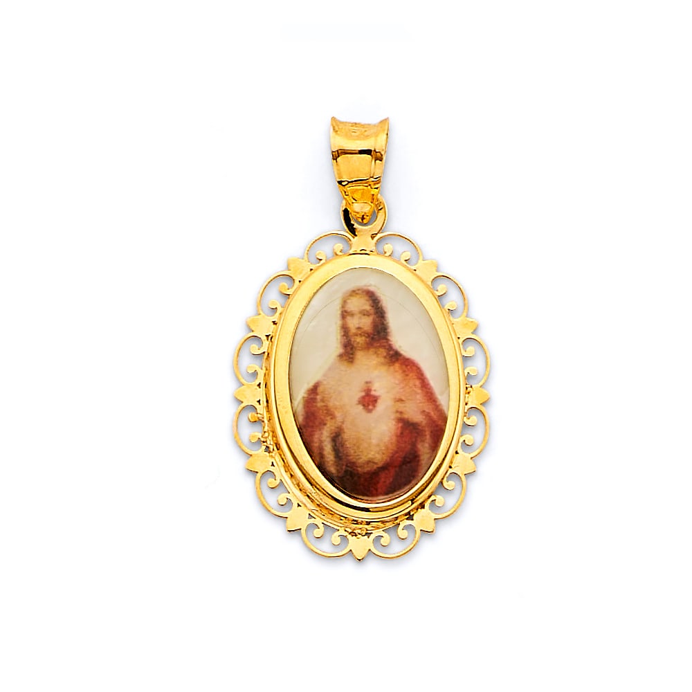 14KY SAC RED HEART OF JESUS PENDANT: 14KY Sac Red Heart of Jesus Pendant Type: Pendant Material Type: 14k Gold Material Color: Yellow Avg. Weight: 1.25 Gr. Size: Height : 27 mm, Width : 15 mm Accessories: None Notice: When pu