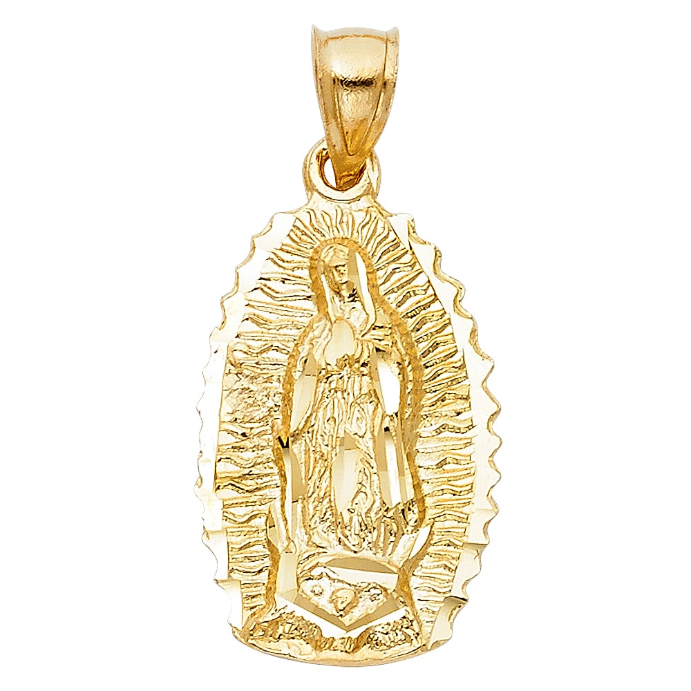 14KY OUR LADY OF GUADALUPE PENDANT: 14KY Our Lady of Guadalupe Pendant Type: Pendant Material Type: 14k Gold Material Color: Yellow Avg. Weight: 3.35 Gr. Size: Height : 25 mm,Width : 16 mm Accessories: None Notice: When purc