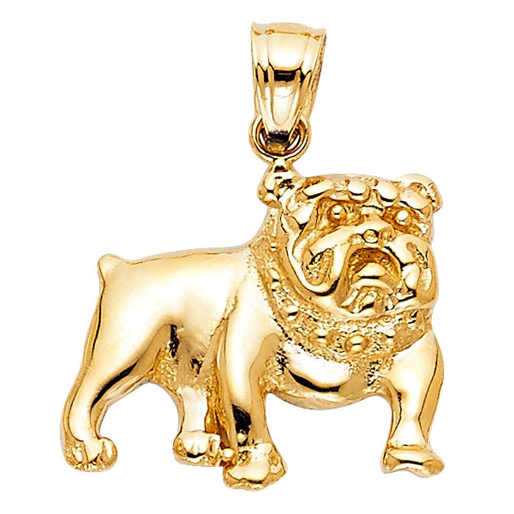 14KY BULLDOG PENDANT: 14KY Bulldog Pendant Type: Pendant Material Type: 14k Gold Material Color: Yellow Avg. Weight: 2.2 Gr. Size: Height : 15 mm Width : 19 mm Accessories: None Notice: When purchasing pre-owne