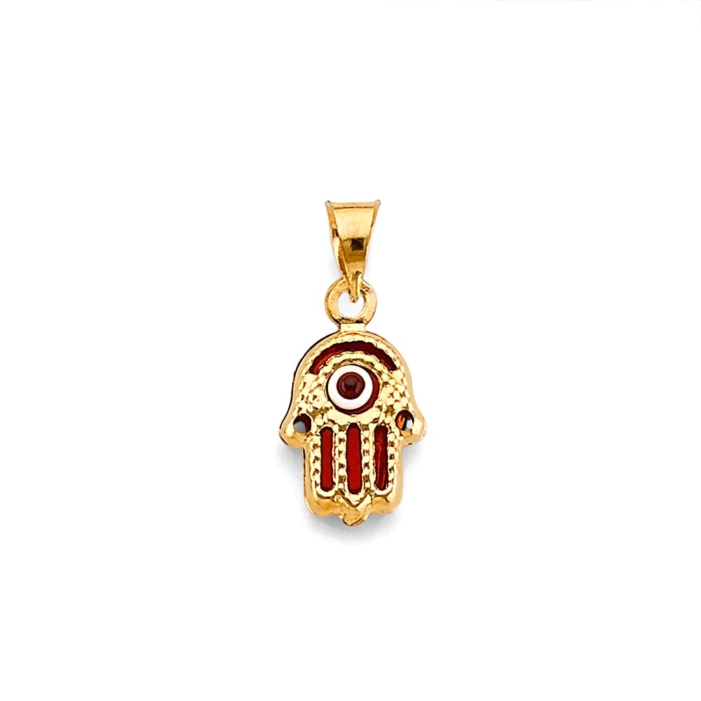 14KY EVIL EYE HAMSA PENDANT: 14KY Evil Eye Hamsa Pendant Type: Pendant Material Type: 14k Gold Material Color: Yellow Avg. Weight: 0.6 Gr. Size: Height : 18 mm, Width : 8 mm Accessories: None Notice: When purchasing p