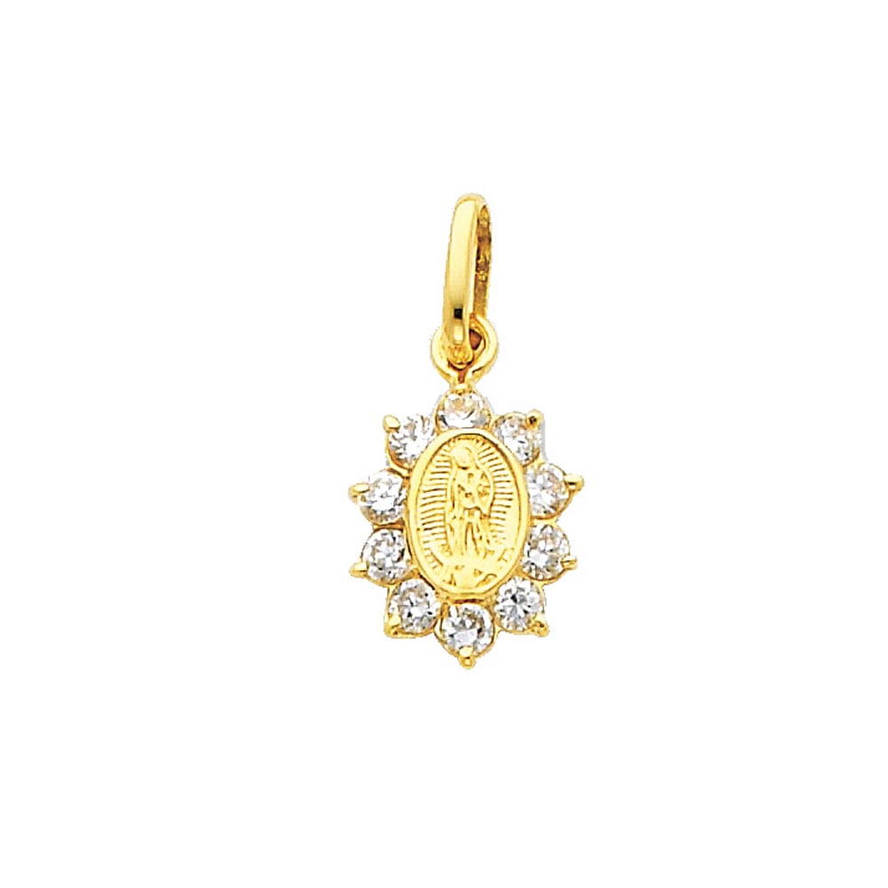 14KY CZ GUADALUPE PENDANT: 14KY CZ Guadalupe Pendant Type: Pendant Material Type: 14k Gold Material Color: Yellow Avg. Weight: 0.71 Gr. Size: Height : 15 mm, Width : 8 mm Accessories: None Notice: When purchasing pr