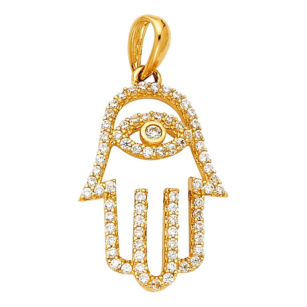14KY HAMSA HAND CZ PENDANT: 14KY Hamsa Hand CZ Pendant Type: Pendant Material Type: 14k Gold Material Color: Yellow Avg. Weight: 1.87 Gr. Size: Height : 19 mm, Width : 14 mm Accessories: None Notice: When purchasing