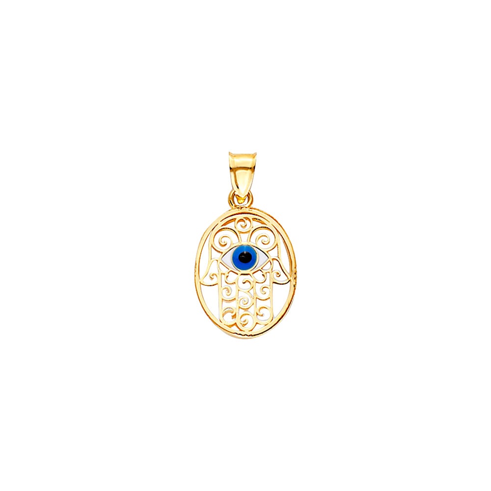 14KY EVEIL EYE HAMSA OVAL MEDAL ON MOTHER OF PEARL: 14KY Eveil Eye Hamsa Oval Medal On Mother of Pearl Type: Pendant Material Type: 14k Gold Material Color: Yellow Avg. Weight: 1.24 Gr. Size: Height : 22 mm, Width : 12 mm Accessories: None Notice: