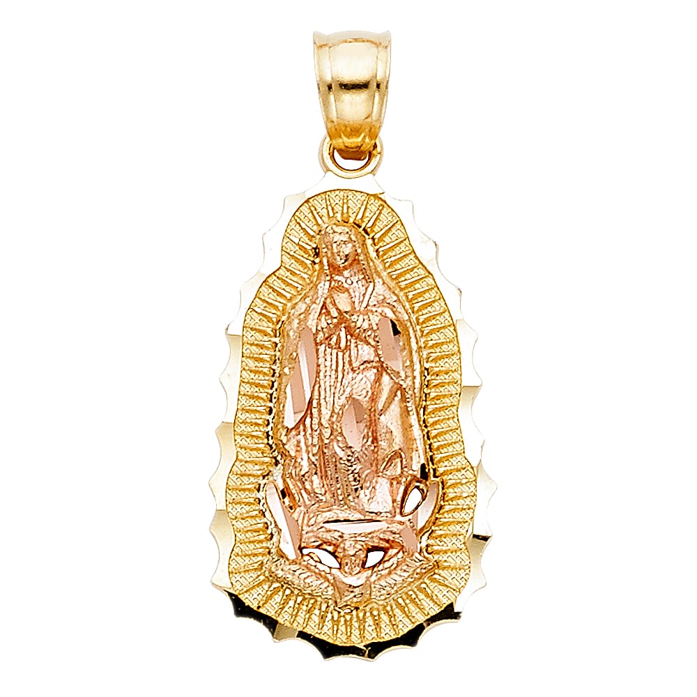 14K 2T OUR LADY OF GUADALUPE PENDANT: 14K 2T Our Lady of Guadalupe Pendant Type: Pendant Material Type: 14k Gold Material Color: Two Tone Avg. Weight: 2.24 Gr. Size: Height : 24 mm,Width : 14 mm Accessories: None Notice: When purchasing