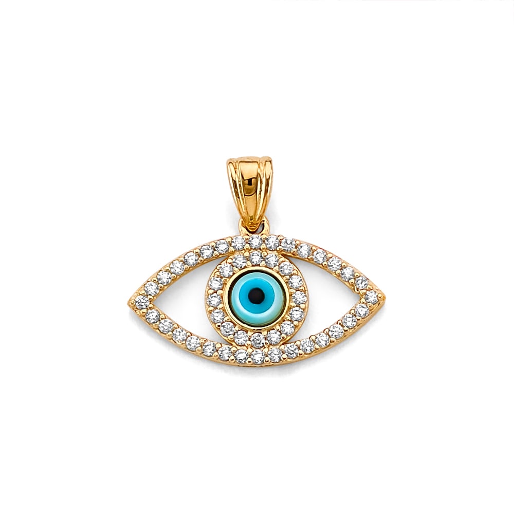 14KY CZ EVIL EYE PENDANT: 14KY CZ Evil Eye Pendant Type: Pendant Material Type: 14k Gold Material Color: Yellow Avg. Weight: 1.45 Gr. Size: Height : 15 mm, Width : 20 mm Accessories: None Notice: When purchasing pre-owned