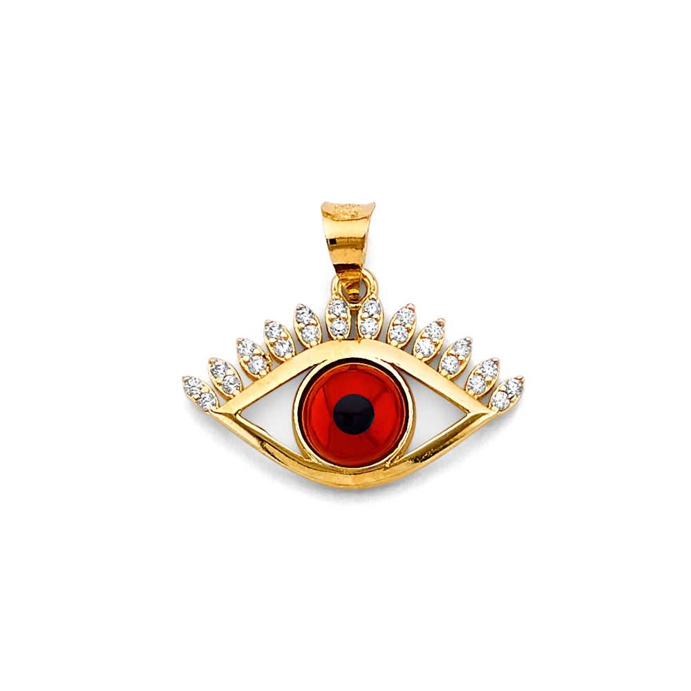 14KY CZ EVIL EYE PENDANT: 14KY CZ Evil Eye Pendant Type: Pendant Material Type: 14k Gold Material Color: Yellow Avg. Weight: 1.61 Gr. Size: Height : 15 mm, Width : 20 mm Accessories: None Notice: When purchasing pre-owned