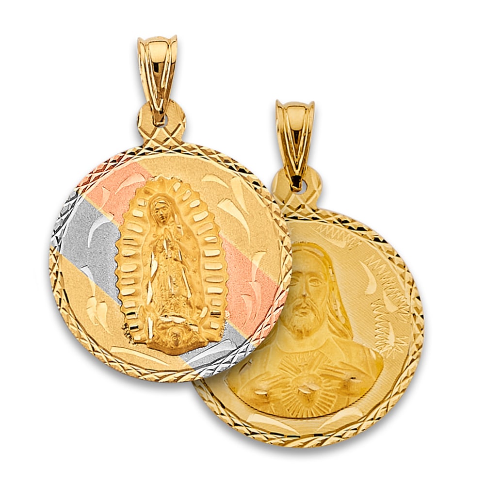 14K 3C RELIGIOUS STAMP PENDANT: 14K 3C Religious Stamp Pendant Type: Pendant Material Type: 14k Gold Material Color: Tri Color Avg. Weight: 5.68 Gr. Size: Height : 40 mm, Width : 25 mm Accessories: None Notice: When purchasing