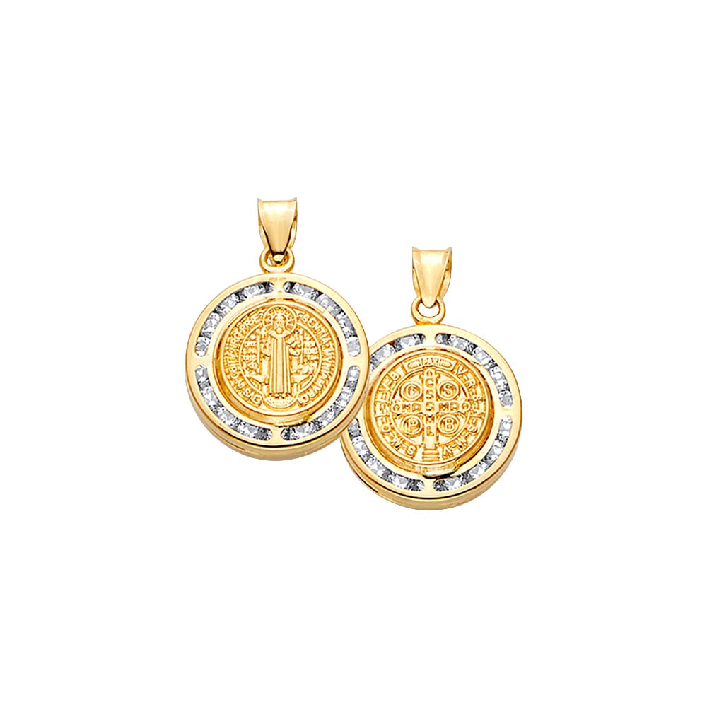 14KY CZ DOUBLE FACE SAN BENITO ROUND MEDAL: 14KY CZ Double Face San Benito Round Medal Type: Pendant Material Type: 14k Gold Material Color: Yellow Avg. Weight: 2.72 Gr. Size: Height : 22 mm, Width : 15 mm Accessories: None Notice: When