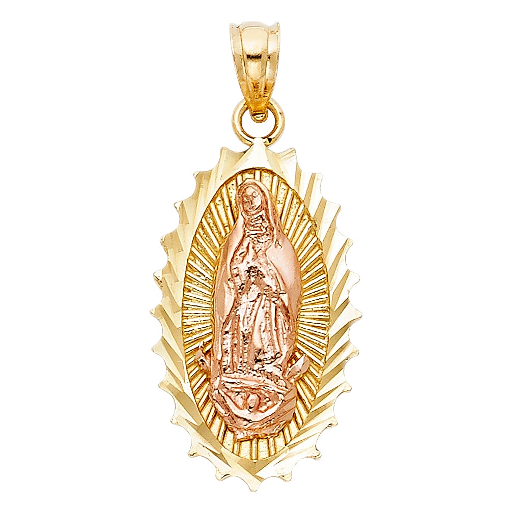 14K 2T OUR LADY OF GUADALUPE PENDANT: 14K 2T Our Lady of Guadalupe Pendant Type: Pendant Material Type: 14k Gold Material Color: Two Tone Avg. Weight: 3.33 Gr. Size: Height : 35 mm,Width : 15 mm Accessories: None Notice: When purchasing
