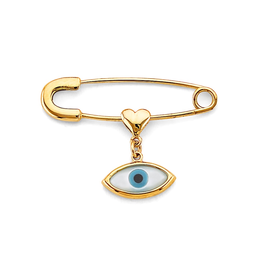 14KY EVIL EYE HANG ON PIN PENDANT: 14KY Evil Eye Hang On Pin Pendant Type: Pendant Material Type: 14k Gold Material Color: Yellow Avg. Weight: 1.25 Gr. Size: Height : 20 mm, Width : 27 mm Accessories: None Notice: When purchasing