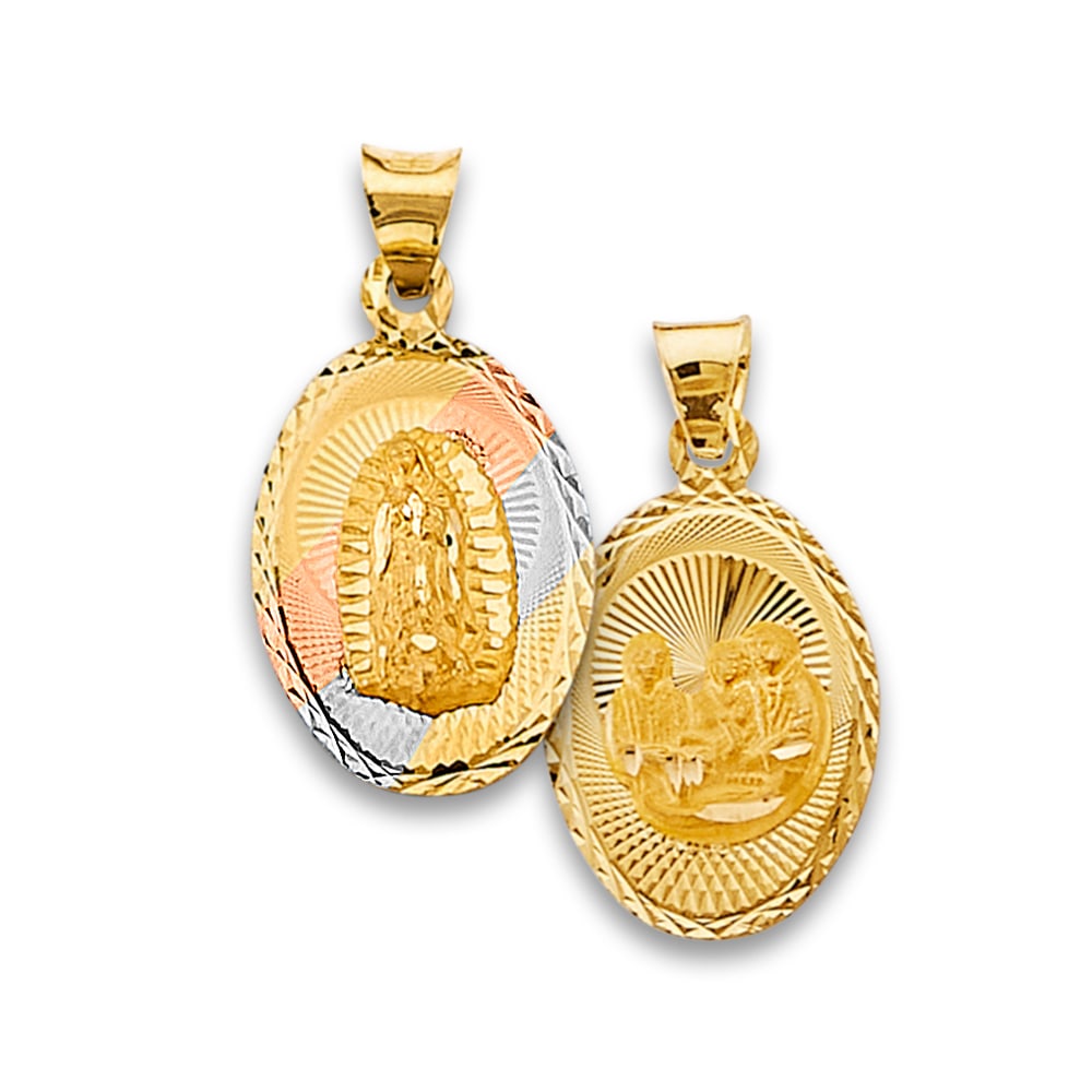 14K 3C RELIGIOUS STAMP PENDANT: 14K 3C Religious Stamp Pendant Type: Pendant Material Type: 14k Gold Material Color: Tri Color Avg. Weight: 1.53 Gr. Size: Height : 25 mm, Width : 13 mm Accessories: None Notice: When purchasing