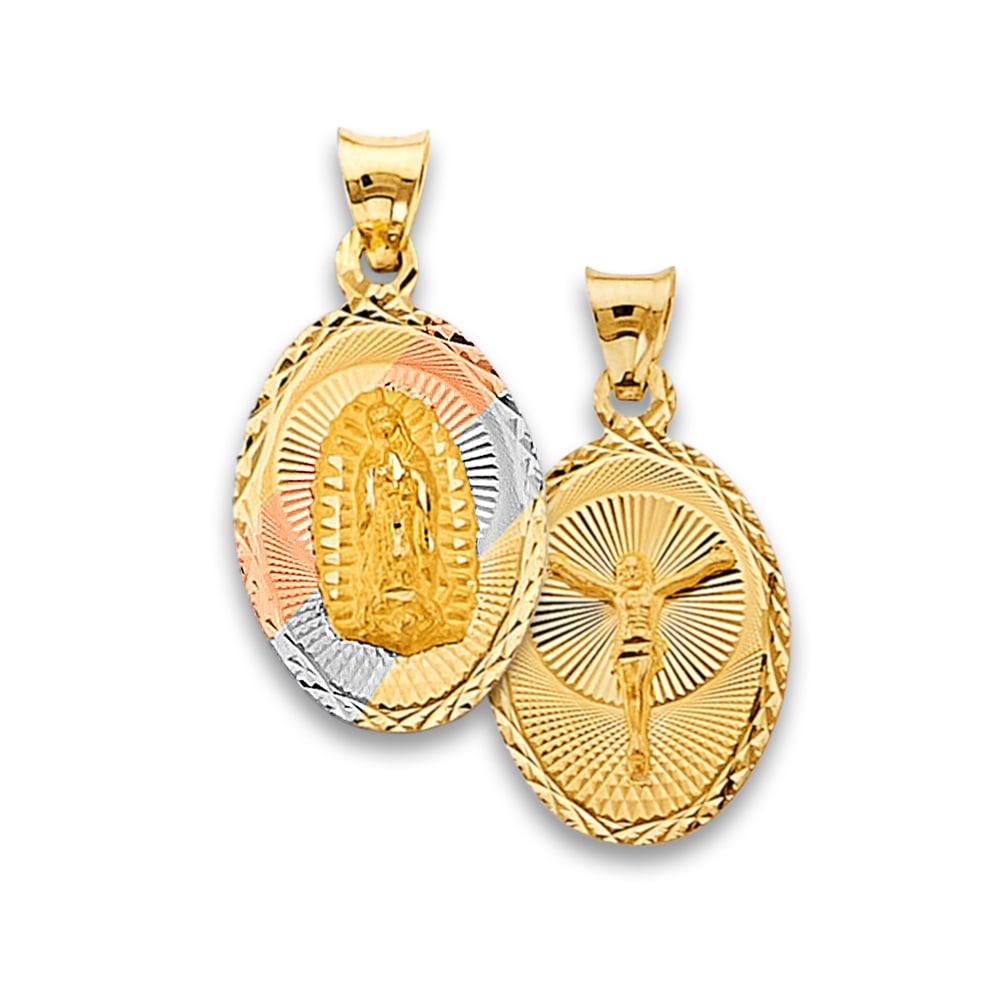 14K 3C RELIGIOUS STAMP PENDANT: 14K 3C Religious Stamp Pendant Type: Pendant Material Type: 14k Gold Material Color: Tri Color Avg. Weight: 0.99 Gr. Size: Height : 25 mm, Width : 13 mm Accessories: None Notice: When purchasing