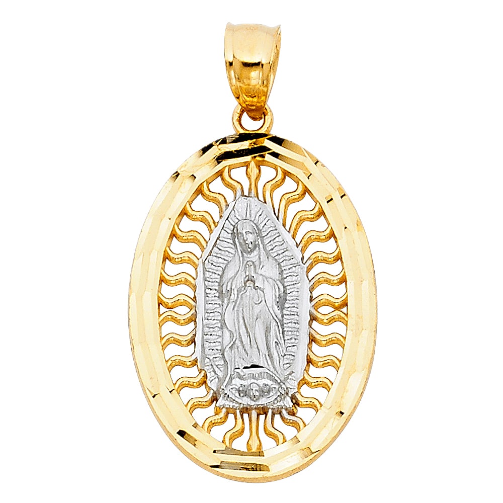 14K 2T OUR LADY OF GUADALUPE PENDANT: 14K 2T Our Lady of Guadalupe Pendant Type: Pendant Material Type: 14k Gold Material Color: Two Tone Avg. Weight: 1.76 Gr. Size: Height : 25 mm,Width : 18 mm Accessories: None Notice: When purchasing