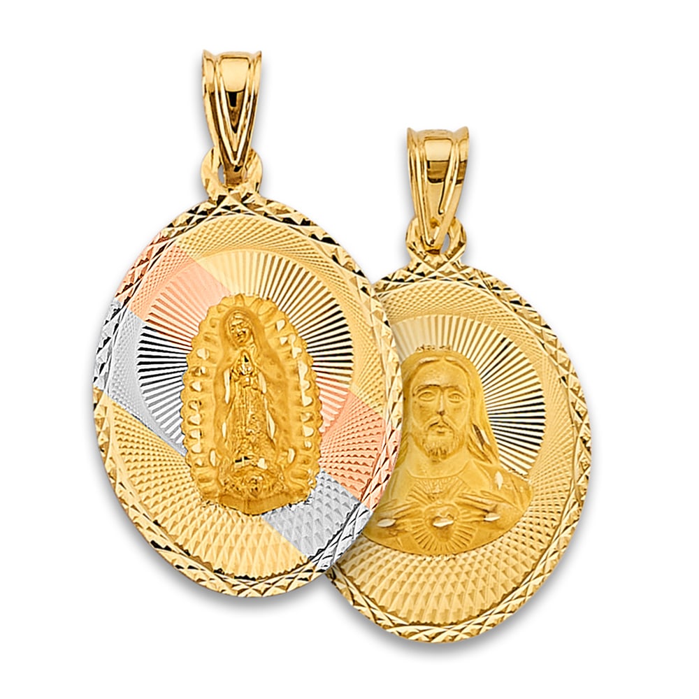 14K 3C RELIGIOUS STAMP PENDANT: 14K 3C Religious Stamp Pendant Type: Pendant Material Type: 14k Gold Material Color: Tri Color Avg. Weight: 2.91 Gr. Size: Height : 40 mm, Width : 23 mm Accessories: None Notice: When purc