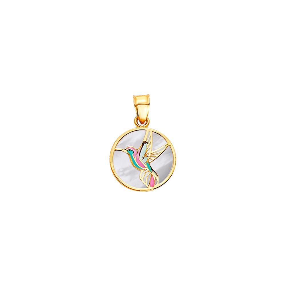 14KY HUMMING BIRD ROUND MEDAL ON MOTHER OF PEARL: 14KY Humming Bird Round Medal On Mother of Pearl Type: Pendant Material Type: 14k Gold Material Color: Yellow Avg. Weight: 1.25 Gr. Size: Height : 20 mm, Width : 15 mm Accessories: None Notice: When